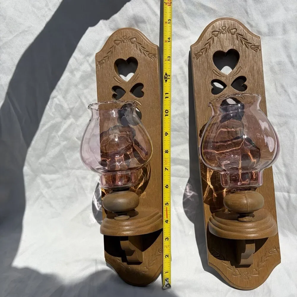Vtg Set of 2 Burwood Faux Wood Wall Mount Candle Holders/Sconces W/ ❤️ Cut Outs.
